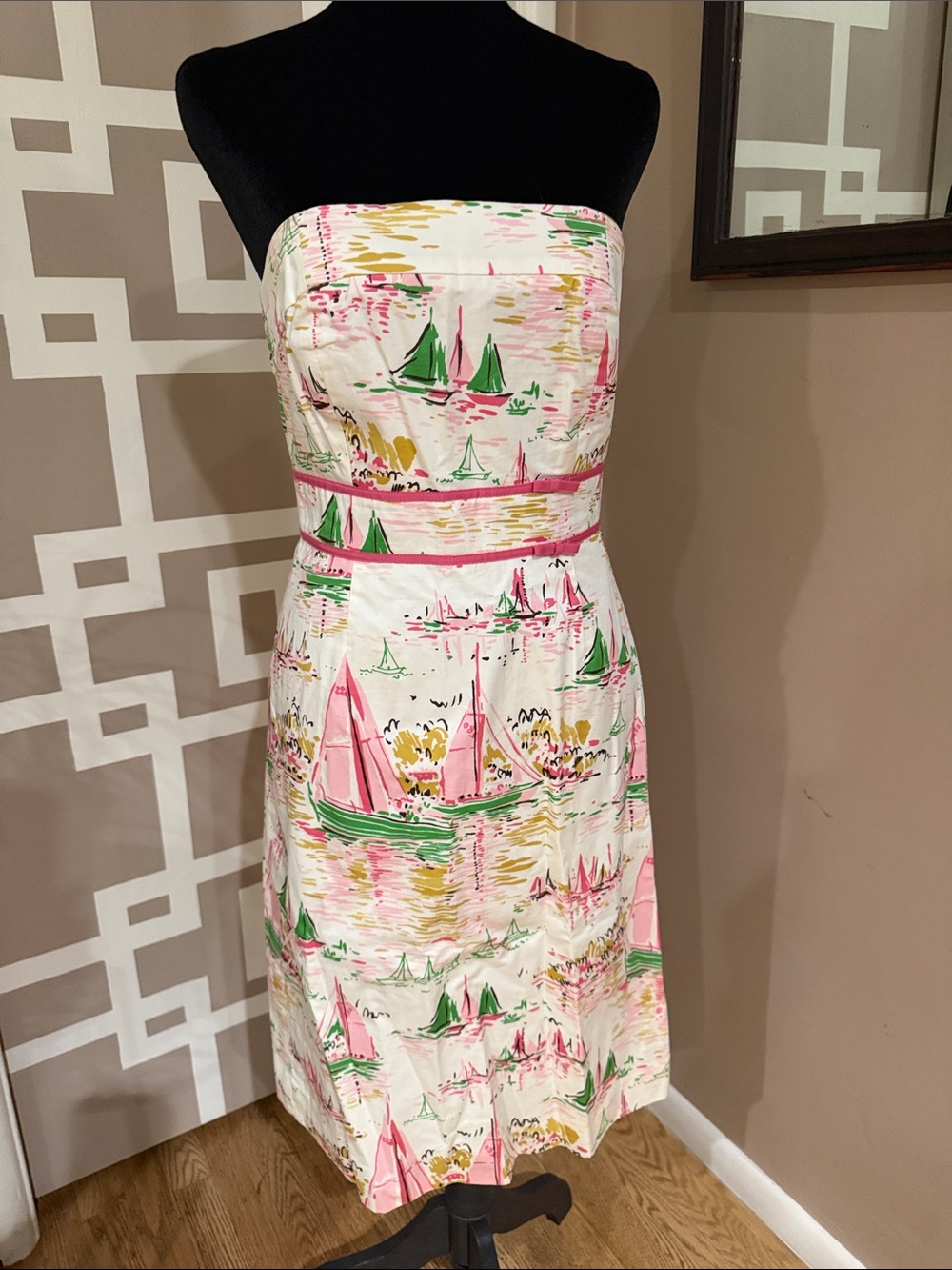 RARE J. Crew Strapless Sailboat Print Dress in Pink/Green/Cream, LIKE NEW Sz 4